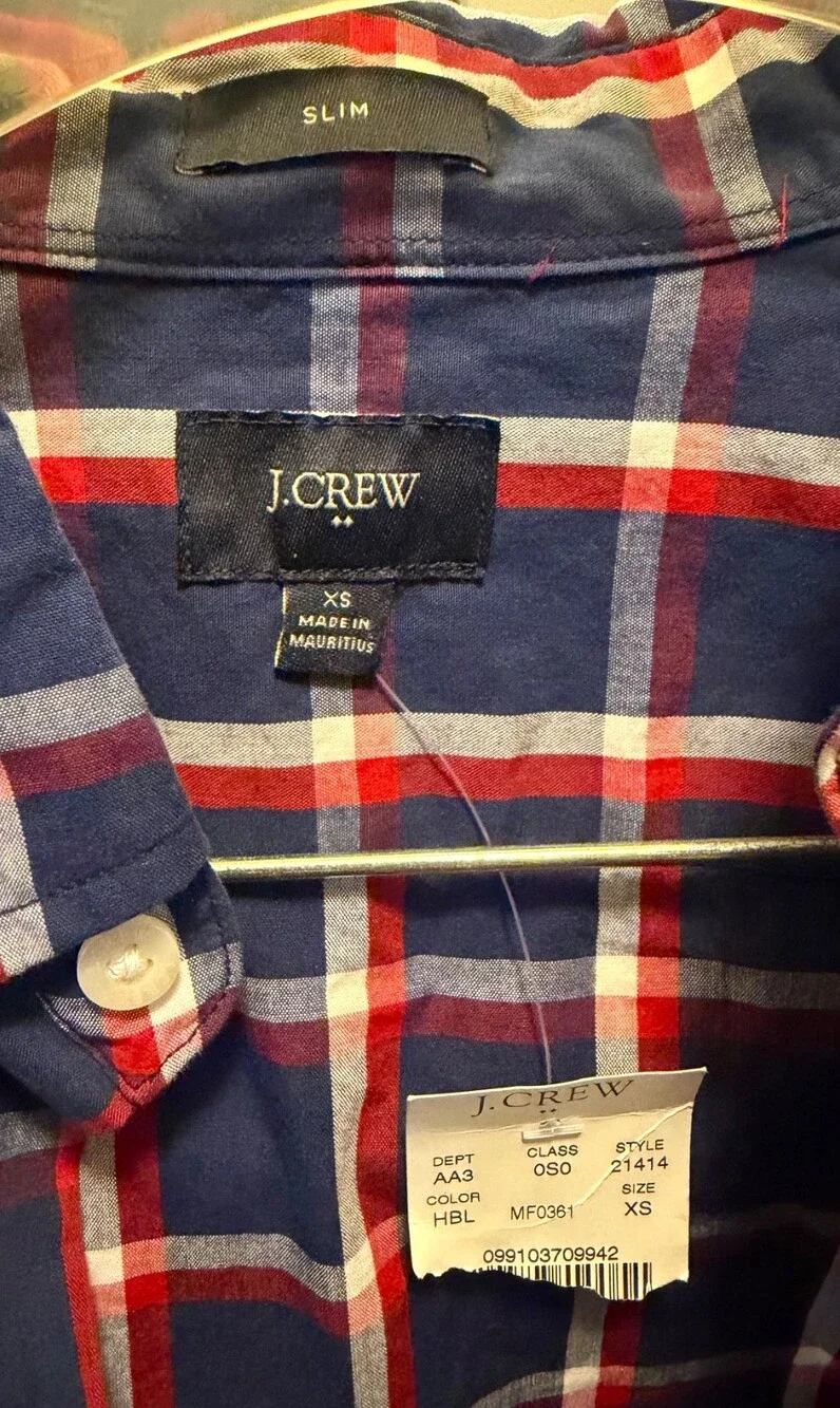 J Crew Shirt Mens XS Plaid Red Blue Slim Long Sleeve Button Down Shirt Cotton